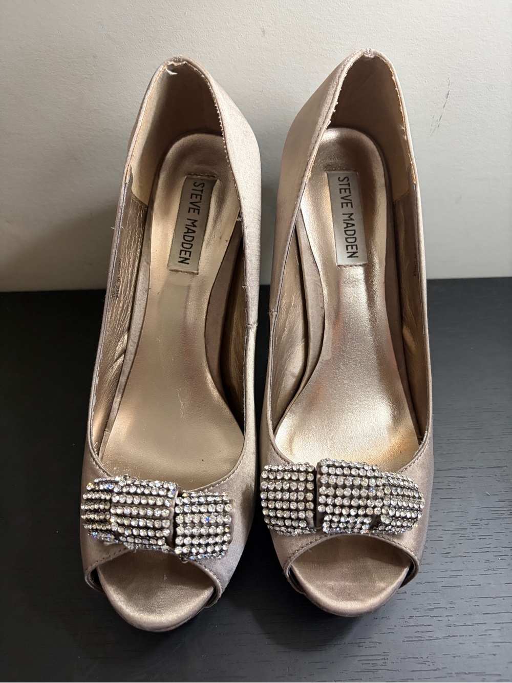 Steve Madden Champagne Satin Peep-Toe Heels with Rhinestone Bow Accent